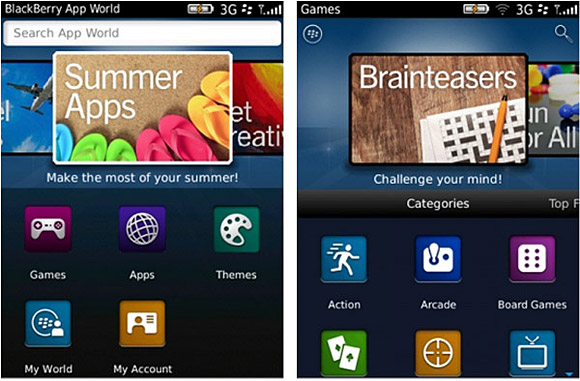 BB App World 3.0 home screen><BR><STRONG><FONT size=1>New home screens with revamped UI and channels including fast links to your BBID and account info</FONT></STRONG></p>
<p>As well as the new UI and revamped channels, sharing your app discoveries has been made easier with integration of BBM, Facebook, Twitter, email and SMS, you can also more readily rate and review apps too. It’s nothing we haven’t seen from the other leading mobile market stores, but it’s good to know that BlackBerry users will now be getting an App purchase experience, more on par with the leading competitors.</p>
<p><img src=