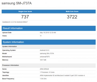 Potential Samsung Galaxy J7 (2018) (SM-J737A) spotted at Geekbench
