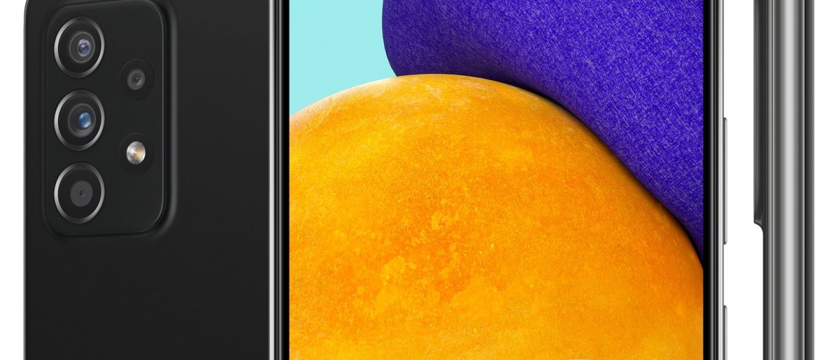 Samsung Galaxy A52 5G appears in rotating colorful renders