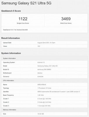 Samsung Galaxy S21 Ultra 5G running Android 12 for this Geekbench test