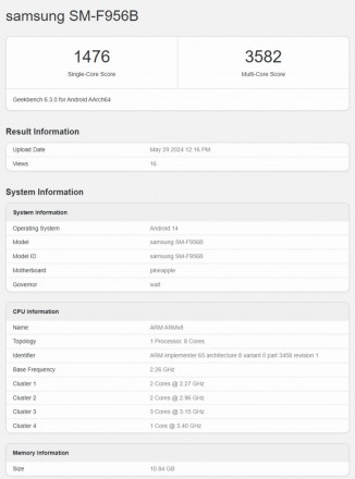 Galaxy Z Fold6 Geekbench scores: European unit