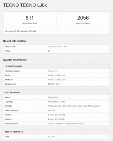 Tecno Pova Curve 5G (LJ8k) runs Geekbench 6.4.0