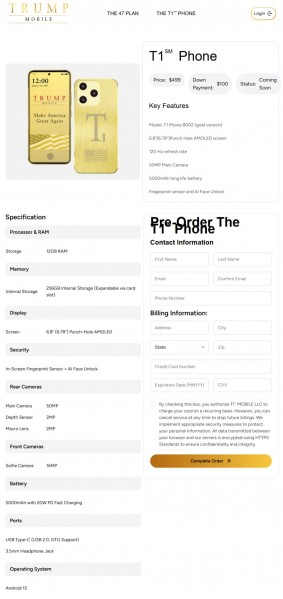 Before and after: the official Trump Mobile T1 Phone page