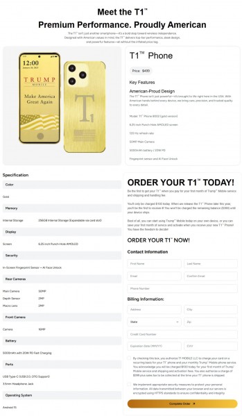 Before and after: the official Trump Mobile T1 Phone page