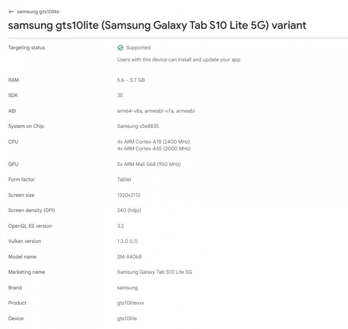 Samsung Galaxy Tab S10 Lite design and specifications revealed via Google Play Console listing
