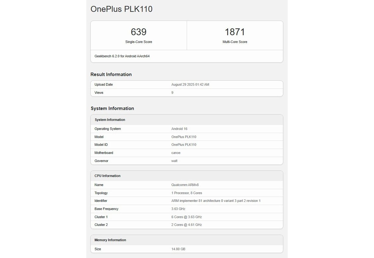 OnePlus 15 runs Geekbench as more specs are revealed and a render shows all colors