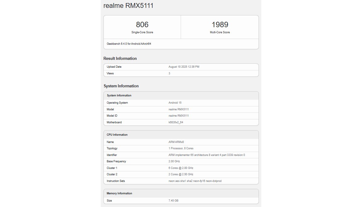 Realme 15T purportedly spotted on Geekbench, here's the chipset powering it