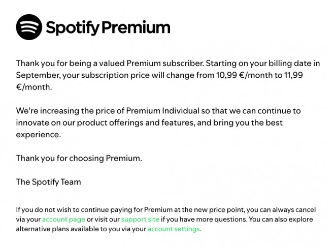 Spotify's mew price hike message