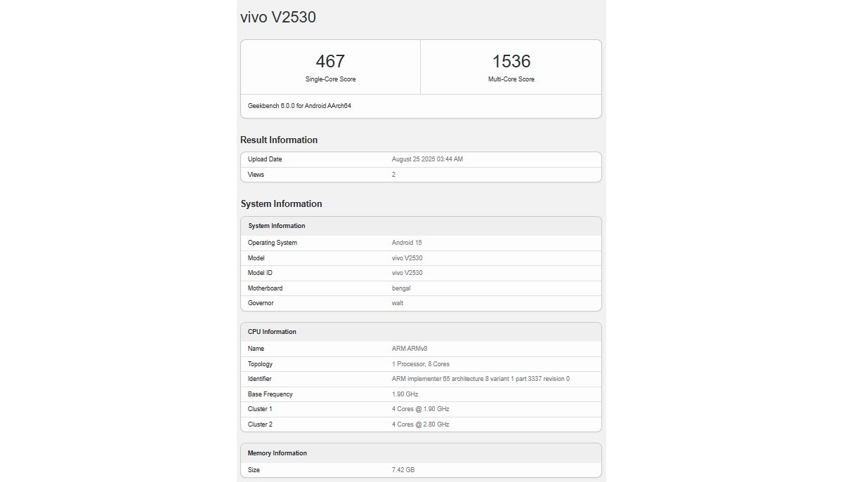 vivo V60 Lite seemingly runs Geekbench, reveals its chipset