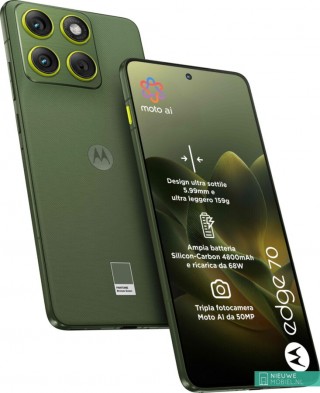 Motorola Edge 70 in Pantone Bronze Green (left) and Pantone Lily Pad (right)