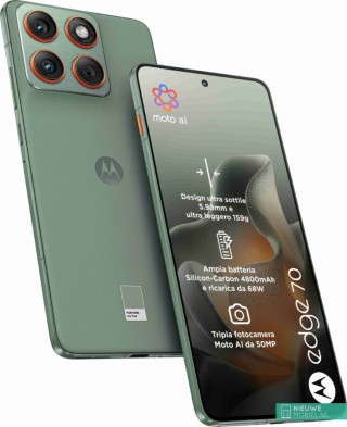 Motorola Edge 70 in Pantone Bronze Green (left) and Pantone Lily Pad (right)