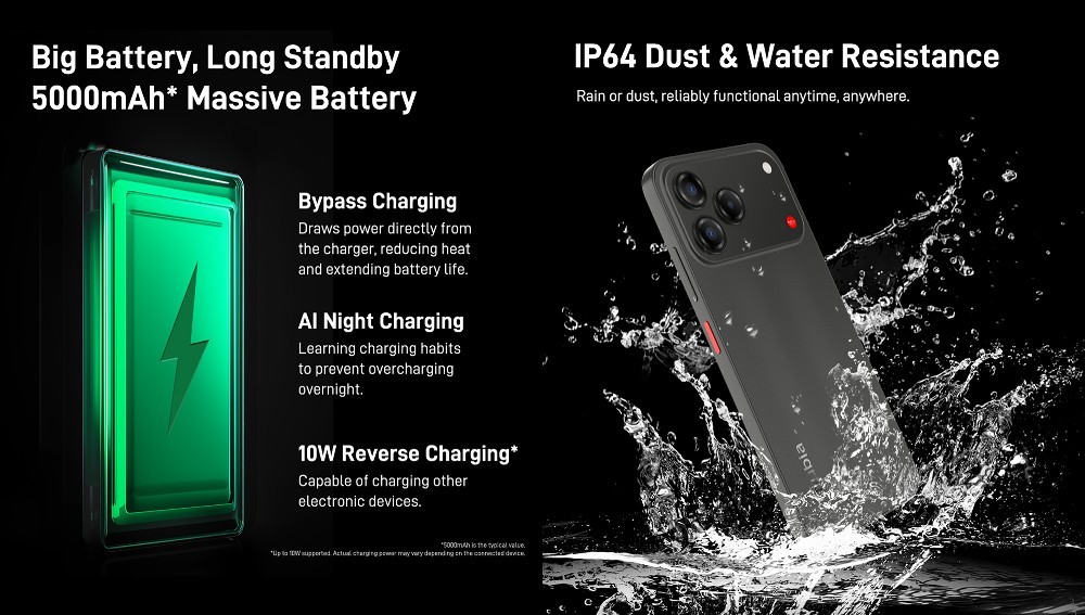 nubia V80 Design: 5,000mAh battery and an IP64 rating