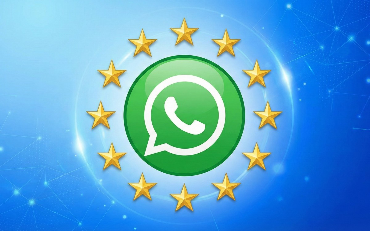 Logo Meta dan WhatsApp berdampingan dengan logo EU