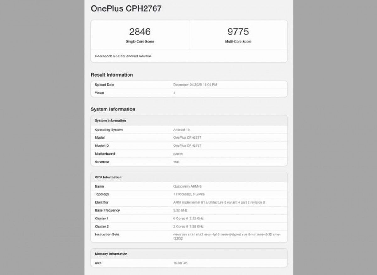 OnePlus 15R spotted on Geekbench with 12GB RAM and Android 16