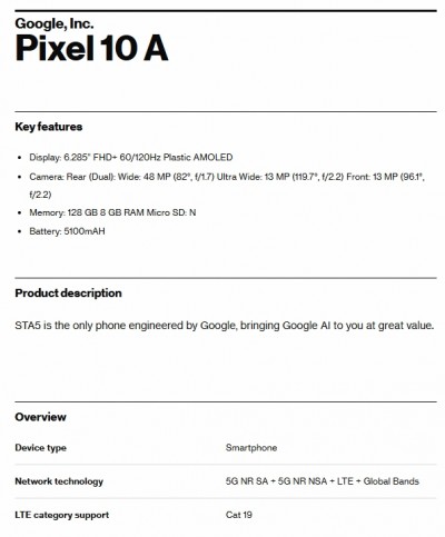 Google Pixel 10a listing on Verizon