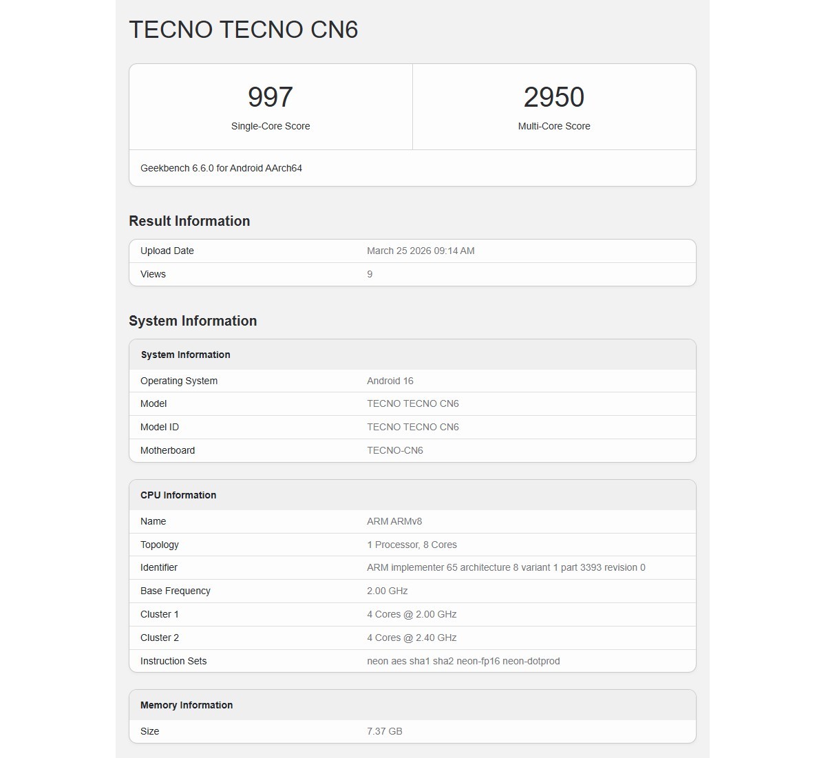 Tecno Camon Slim işlemci ve RAM detayları