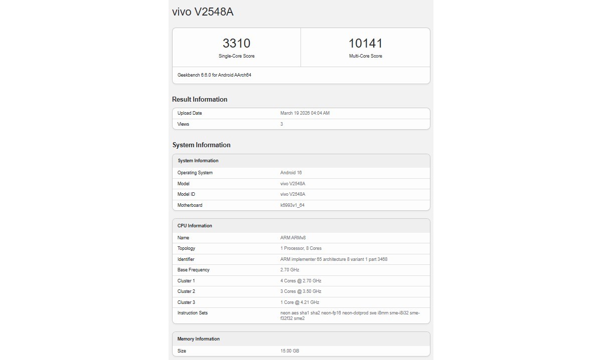Vivo X300s Geekbench skorları