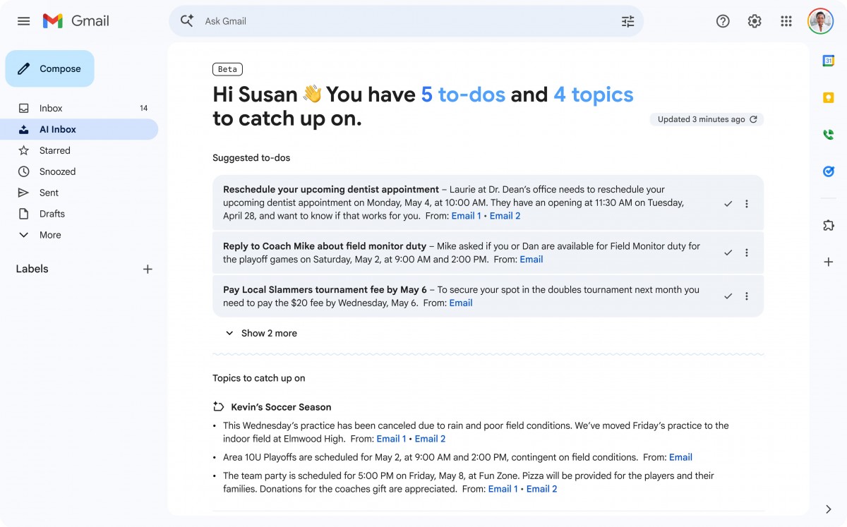 Gmail AI Inbox özellikleri
