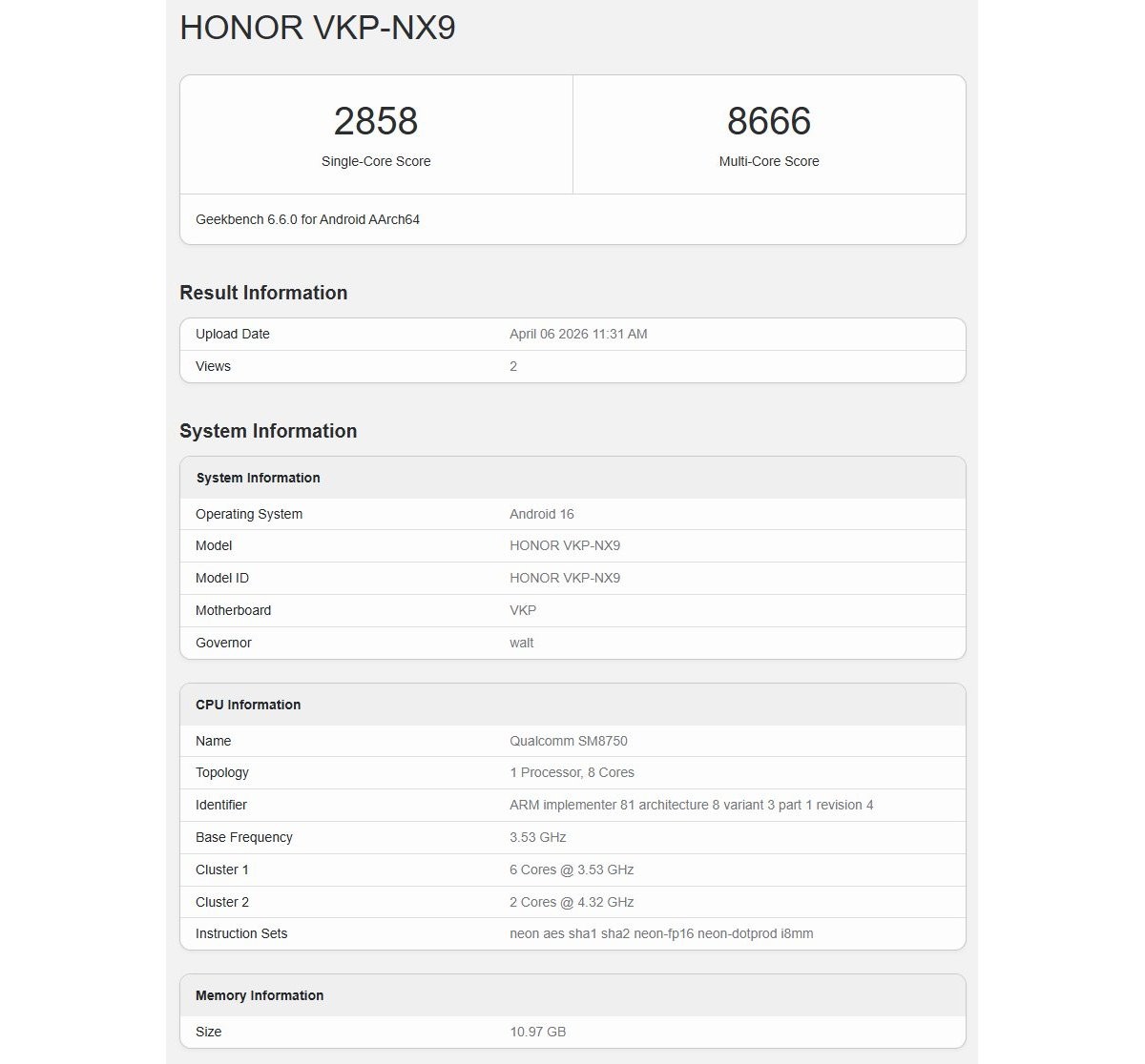 Honor 600 Pro Geekbench Skoru