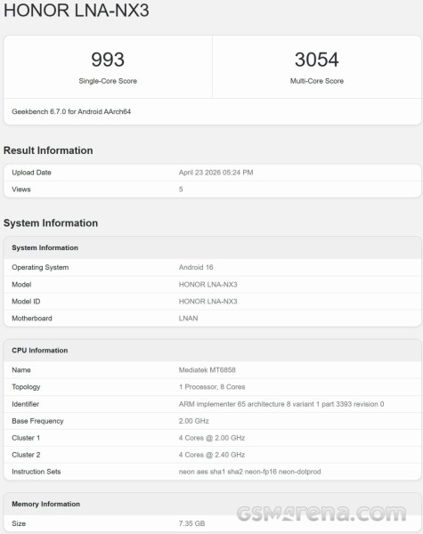Honor 600e Geekbench skoru