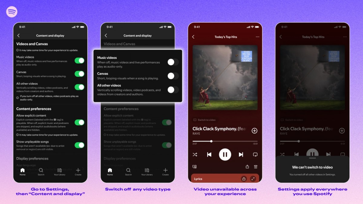 Spotify video içerik kapatma
