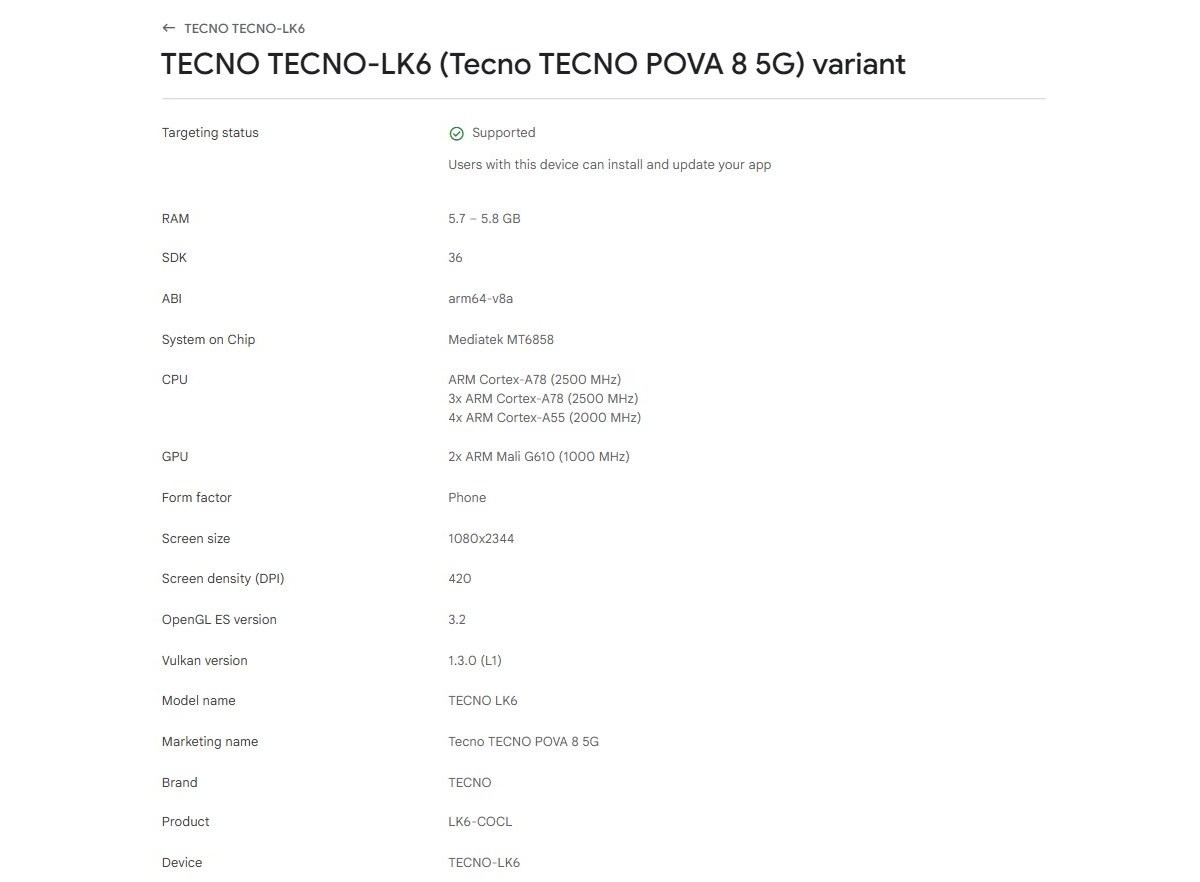 Tecno Pova 8 5G teknik özellikler
