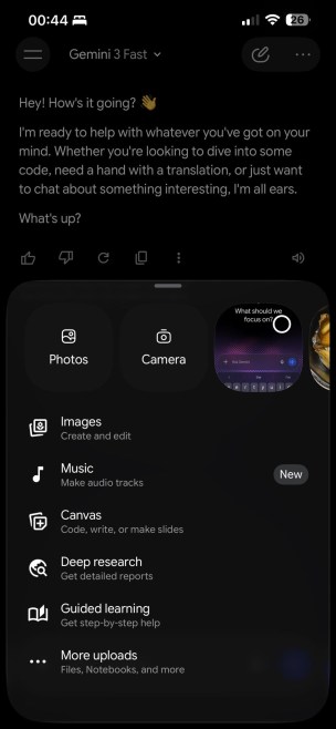 Google Gemini uygulaması iOS arayüzü