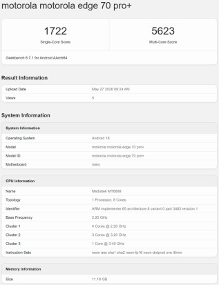 Motorola Edge 70 Pro+ Geekbench skoru