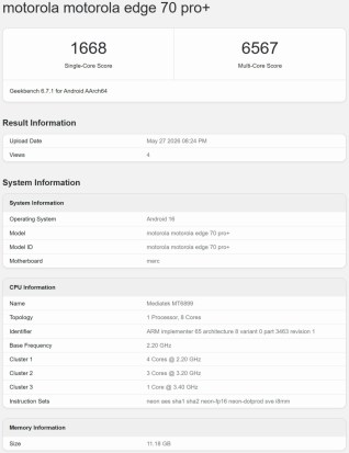 Motorola Edge 70 Pro+ Geekbench skoru