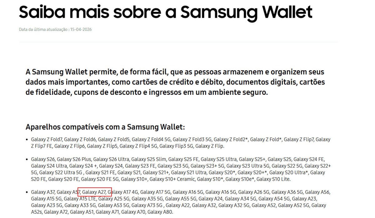 Samsung Galaxy A27 Samsung Wallet uyumluluğu
