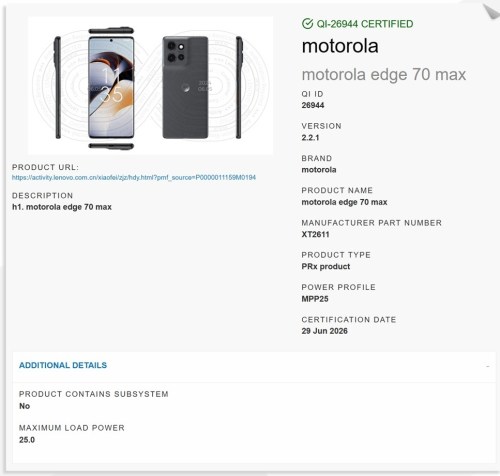 Motorola Edge 70 Max kablosuz şarj sertifikası