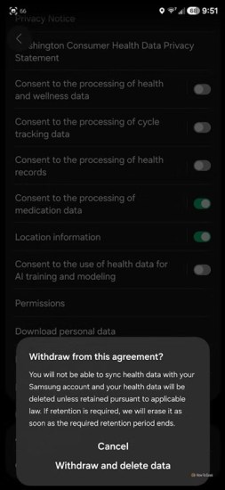 Samsung Health gizlilik ayarları