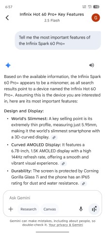 Gemini AI assistant - Infinix Hot 60 Pro+ review