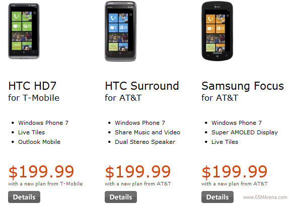 HTC HD 7, HTC Surround and Samsung Focus